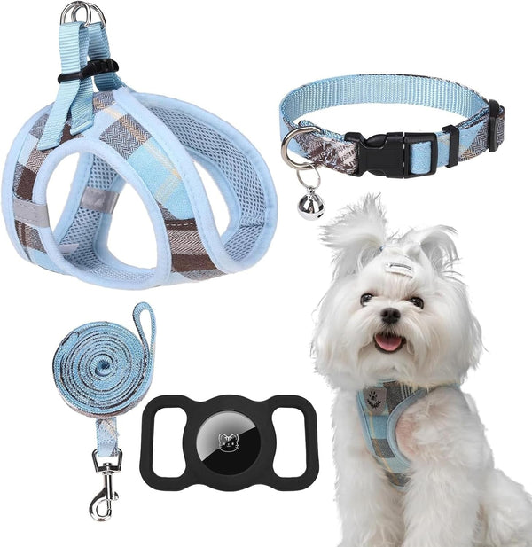 EXPAWLORER Plaid Small Dog Harness and Leash Set with Airtag Holder - No Pull Soft Padded Step in Dog Vest Harness Medium Sized Dog, Reflective Puppy Harness, Collar and Leash for Walking, Khaki S30