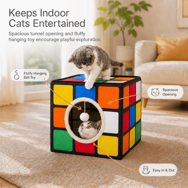 Cat Condo House with Reversible Cushions and Fluffy Ball Hanging, Foldable Magic Cube, Large Cave Bed for Indoor Cats, Unique Puzzle Shape Lagre 16.5“ X 16.5" X 16.5”3