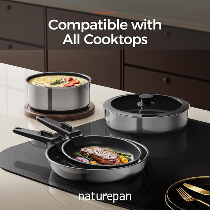 5PCS Pots and Pans Set Non Stick, Diamond-Titanium Ceramic Cookware Set & 3 Layer Stainless Steel with Detachable Handle, Induction Cookware, Non Toxic Oven/Dishwasher Safe, Black6