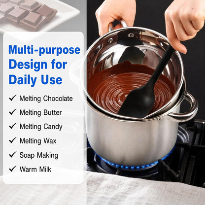 Double Boiler Pot Set with Silicone Spatula, 2000ML/1.8QT Chocolate Melting Pot with 2800ML/2.54QT Stainless Steel Pot, Candy Melting Pot, Chocolate Melter for Butter, Caramel, Cheese, Wax,6