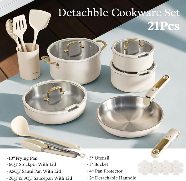 21Pcs Tri-Ply Stainless Steel Cookware Set with Detachable Handle | Pots and Pans Set, Even Heating, Non-Toxic, Induction Compatible, Dishwasher& Oven Safe, Space Saving, Camping Cooking, White2