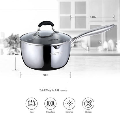 Tri-Ply Whole-Clad Stainless Steel Sauce Pan with Pour Spout,2.5 Quart Small Multipurpose Pasta Pot with Strainer Glass Lid, Saucepan for Cooking with Stay-Cool Handle.5