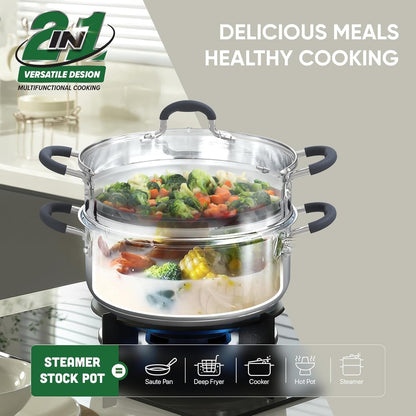 : 2-Tier Stainless Steel Steamer Pots - 3.1 Quart - Tempered Glass Lid, 3-Ply Bottom, Vegetable-Dumpling-Food Cookware, Dishwasher & Oven Safe | Steaming Pot with Glass Lid & Steamer Basket2