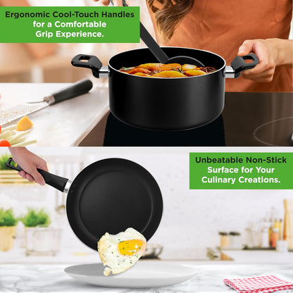 13-Piece Nonstick Cookware - Heat Resistant Kitchen Ware Set W/Saucepan, Frying Pans, Cooking Pots, Casserole, Lids, Ladle, Fork, Strainer - NCCWA13, Black4