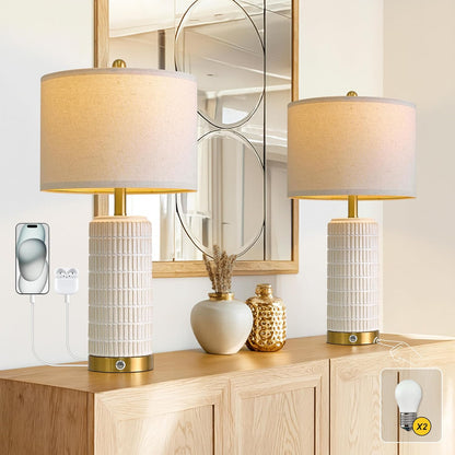 Touch Bedside Table Lamps with 2 USB for Bedroom Living Room, 25'' | Nightstand Lamps Set of 2, 3 Way Dimmable with 2 Bulbs, Durable White Ceramic, Farmhouse & Modern Style for Side Table1