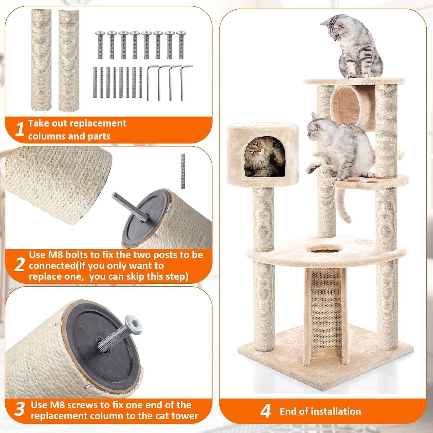 arrowbash-8-pcs-m8-cat-scratching-post-replacement-15-7x3-1-sisal-pole-cat-tree-climbing-post-replacement-with-screw-refill-scratcher-pole-for-indoor-kitten-tree-tower-spare-pet-furniture-protector