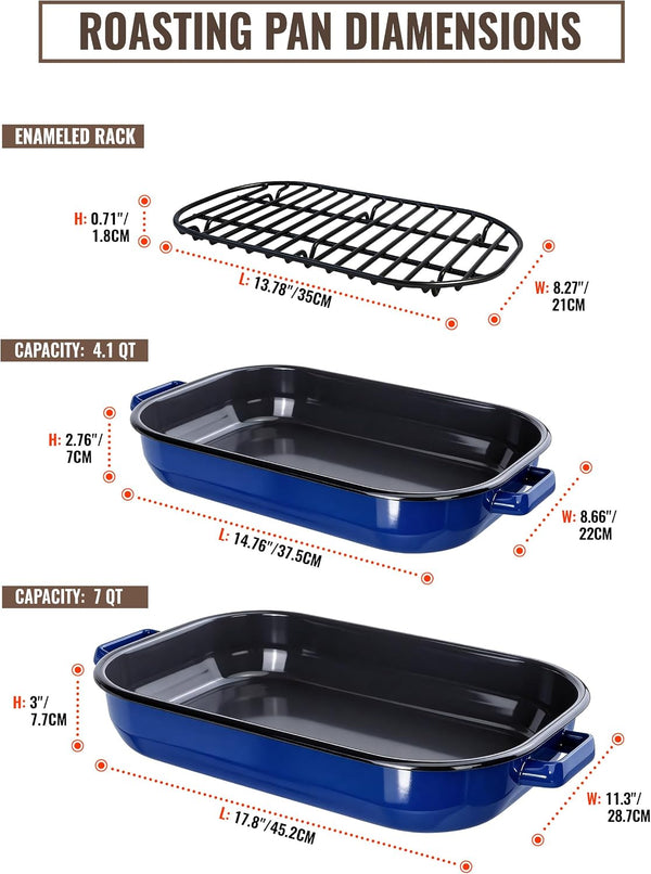Roasting Pan for Oven with Rack 6-Piece Enamel Deep Lasagna Baking Dish 14&17 Inch, 572°F High Temp Resistance Dishwasher Safe Non-Stick Easy-To-Clean, Large Turkey Ham Roaster Housewarming Gift3