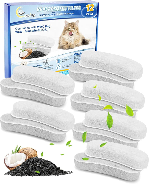12 Pack Dog Water Fountain Filters Replacement Compatible with W600 Automatic Water Bowl Dispenser, Pet Fountain Charcoal Filters Fit for 205Oz/6L Dog Fountain Bowl for Large Dogs1