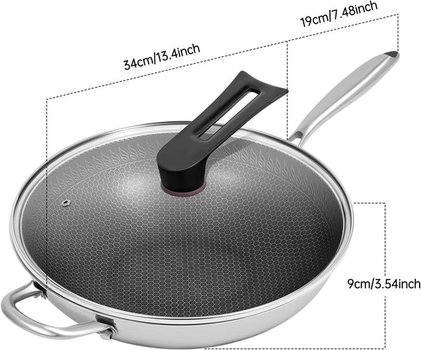 13.4 Inch Skillet Nonstick, 316 Stainless Steel Nonstick Wok Pan with Lid-Honeycomb Stir-Fry Skillet, Stir-Fry Wok with Lid Suitable for Gas Stoves, Induction Cookers and Ceramic Stove2