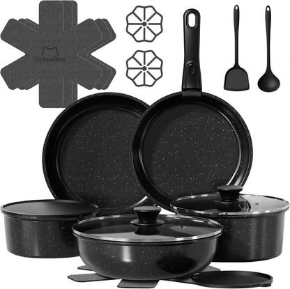 18 Pcs Pots and Pans Set Non Stick, Ceramic Cookware Set Non Toxic with Detachable Handles, Healthy Induction Cookware Oven Safe RV Kitchen Set, PFAS PFOA & PTFE Free, Black1