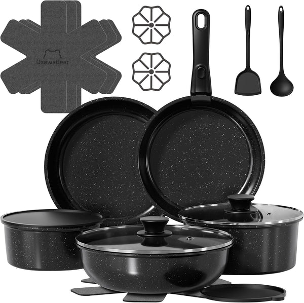 18 Pcs Pots and Pans Set Non Stick, Ceramic Cookware Set Non Toxic with Detachable Handles, Healthy Induction Cookware Oven Safe RV Kitchen Set, PFAS PFOA & PTFE Free, Black1