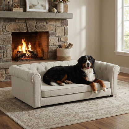 Elevated XL Large Dog Sofa with Backrest and Armrests, 55" Button Tufted Dog Couch Bed with Soft Cushion for Large Dogs, Stylish Lounging Bed Pet Couch Chair, 120Lbs Weight Capacity, Beige1