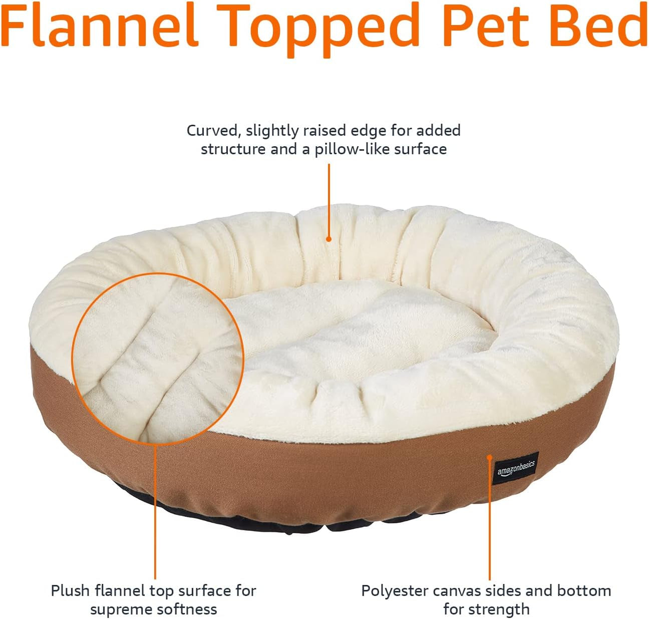amazon-basics-round-bolster-pet-bed-for-dog-or-cat-with-flannel-top-20-0-l-x-20-0-w-x-6-0-th-up-to-11lbs-brown-and-ivory