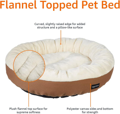 Amazon Basics round Bolster Pet Bed for Dog or Cat with Flannel Top, 20.0" L X 20.0" W X 6.0" Th, up to 11Lbs, Brown and Ivory3