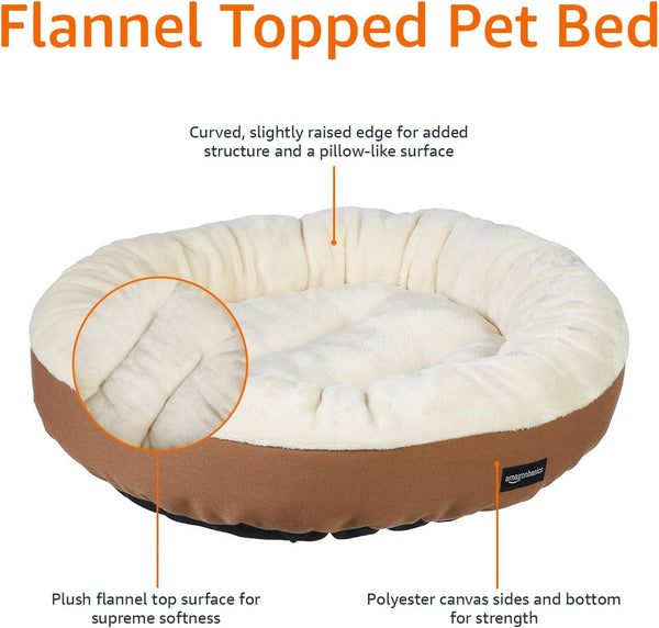 Amazon Basics round Bolster Pet Bed for Dog or Cat with Flannel Top, 20.0" L X 20.0" W X 6.0" Th, up to 11Lbs, Brown and Ivory3