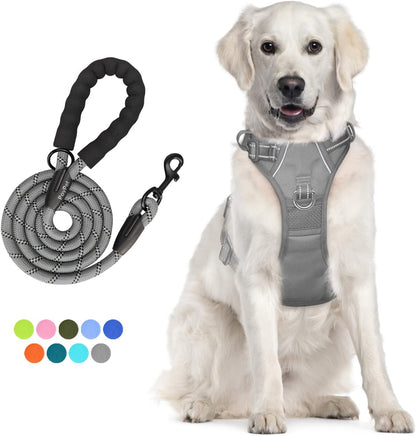 Poypet No Pull Dog Harness and 5 Feet Leash Set, Release on Neck Reflective Adjustable Pet Vest, Front & Back 2 D-Ring and Soft Padded Pet Harness with Handle for Small to Large Dogs(Grey,L)1