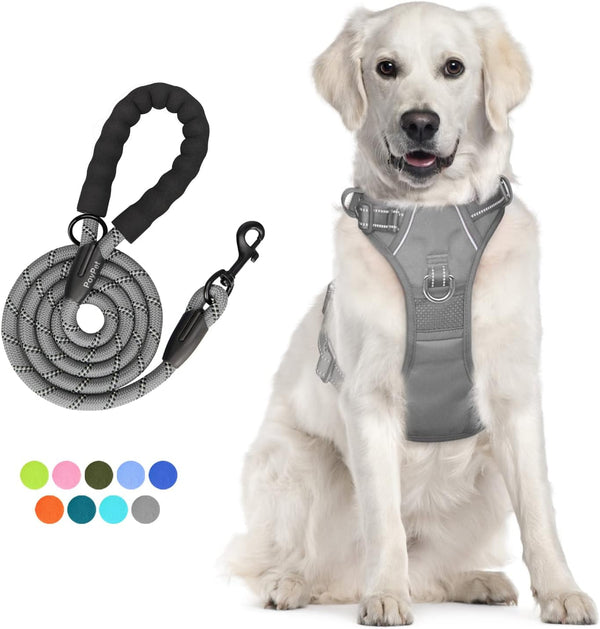 Poypet No Pull Dog Harness and 5 Feet Leash Set, Release on Neck Reflective Adjustable Pet Vest, Front & Back 2 D-Ring and Soft Padded Pet Harness with Handle for Small to Large Dogs(Grey,L)1