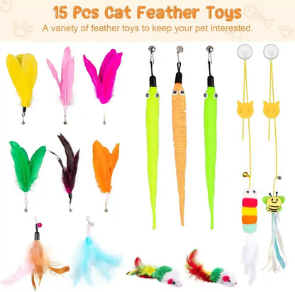 Depets Cat Wand Toy, 15 Pcs Interactive Cat Feather Toys for Indoor Self Play & Exercise, 2 Play Modes Kitten Teaser Wand, Reusable Suction Cup Kitten Toys4