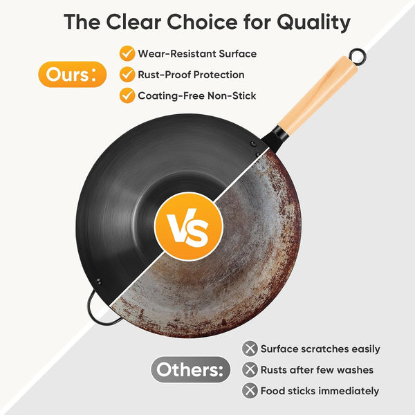 13.5" Carbon Steel Wok Pan, Pre-Seasoned Flat Bottom Wok for Stir Fry, BBQ, Grill & Camping, Compatible with Induction, Electric, Gas and Open Fire, Black6
