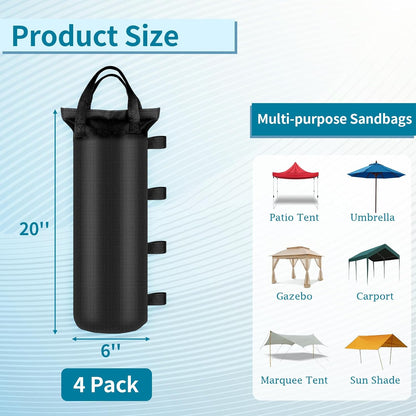 4 Pack Sand Bags 6X20 Inch Heavy Duty for Canopy Tent Weights | Holds 26 Lbs Each, 800D Oxford Cloth with Waterproof Coating and Hook and Loop Straps2