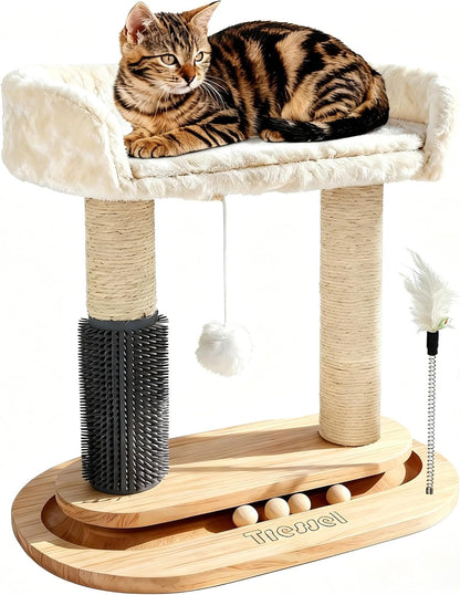Small Wooden Cat Tree for Kittens and Small Cats, 6-In-1 Cat Tower for Indoor Cats with Bed, Sisal Scratching Post, Self-Grooming Brush, Ball Track, Plush Ball and Feather Toy, 16.5" H1