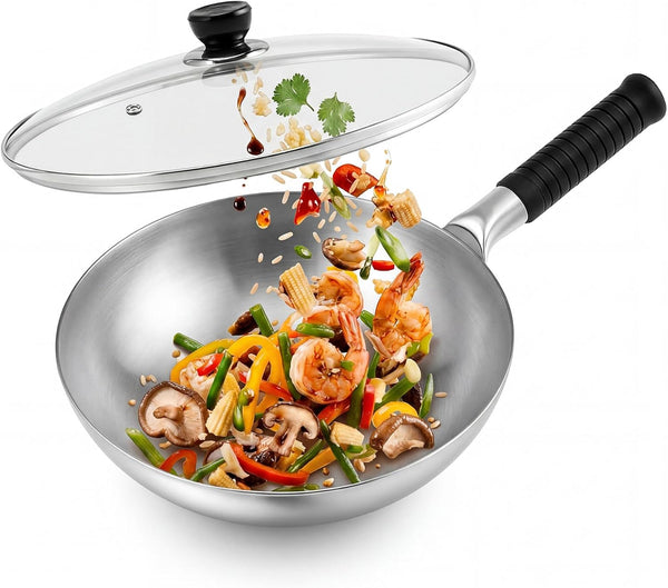 Pure Titanium Wok with Lid, Ultra Lightweight 2.5 Lbs Titanium Wok Single-Piece Molded No Coating Rivetless Handcrafted Frying Pan Durable Cookware for Gas Stove Home & Outdoor Camping1