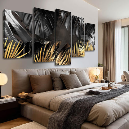 Black and Gold Leaves Painting Wall Decor for Living Room Nature Canvas Art Modern Artwork Framed Prints for Home Bedroom Picture Poster 5 Pieces Ready to Hang (12"X20"X2Pcs+12"X28"X2Pcs+12"X32")3