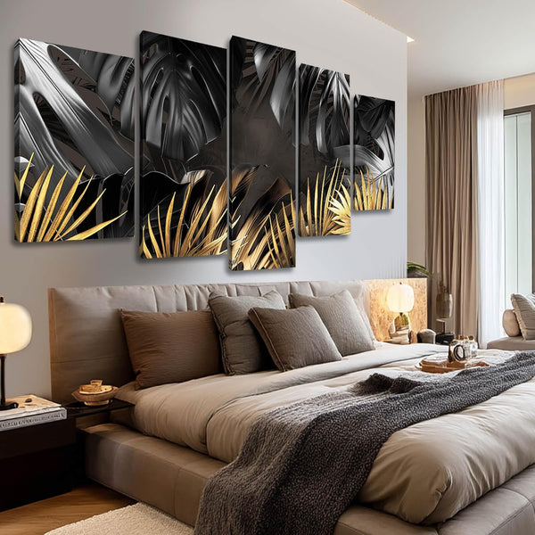 Black and Gold Leaves Painting Wall Decor for Living Room Nature Canvas Art Modern Artwork Framed Prints for Home Bedroom Picture Poster 5 Pieces Ready to Hang (12"X20"X2Pcs+12"X28"X2Pcs+12"X32")3