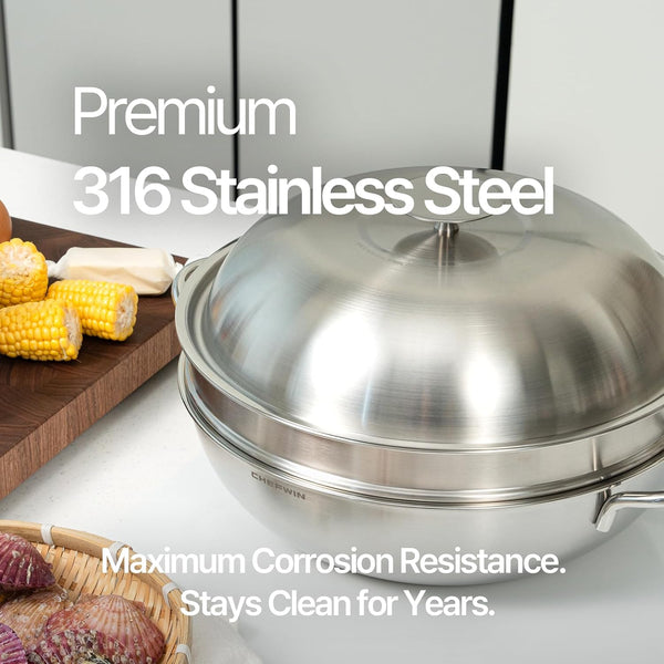 316 Stainless Steel Heavy Duty 12.6 Inch 6.3 Quart Wok Pan with Lid and Steamer, Stir Fry Pan, 5Ply, Induction Cookware, Dishwasher Safe, Oven Safe4