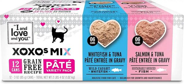 I and LOVE and YOU Xoxos Mix Pate Wet Cat Food, Variety Pack, Grain Free, Artificial Preservatives Free, 3 Oz Pack of 12 Cans1
