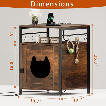 Large Cat Bed Nightstand with Charging Station, Cat Litter Box Furniture, End Side Table with Cat House4