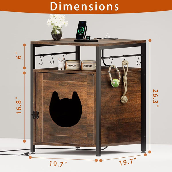 Large Cat Bed Nightstand with Charging Station, Cat Litter Box Furniture, End Side Table with Cat House4