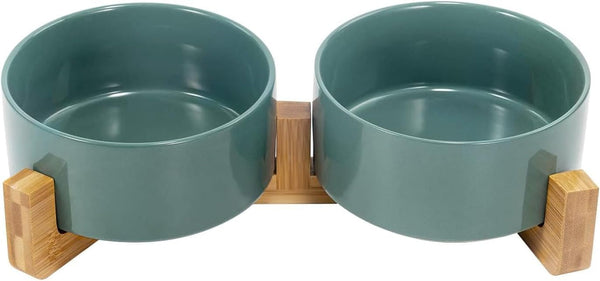 SPUNKYJUNKY Ceramic Dog and Cat Bowl with Wood Stand Non-Slip Matte Glaze Weighted Food Water Set for Cats &Small Dogs 13.5OZ20