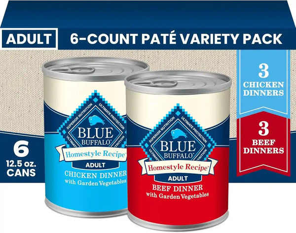 Blue Buffalo Homestyle Recipe Wet Dog Food Paté Variety Pack, Chicken Dinner & Beef Dinner with Garden Vegetables, Made with Natural Ingredients, 12.5-Oz. Can (6 Count, 3 of Each)1