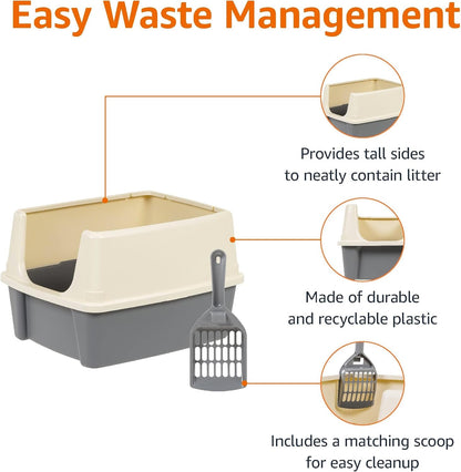 Amazon Basics Large Cat Litter Box with High Sides, Open Top for Easy Access, Includes Scoop with Storage, 19" X 15" X 11.75", Grey/Beige2