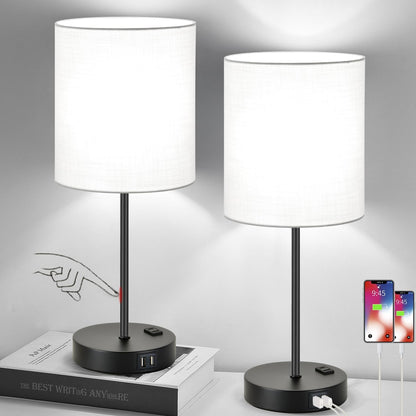Set of 2 Touch Control Table Lamps with 2 USB & AC Outlet, 3-Way Dimmable Bedside Nightstand Lamps for Bedroom Living Room Nursery, 800 Lumens 5000K Daylight Bulbs Included1