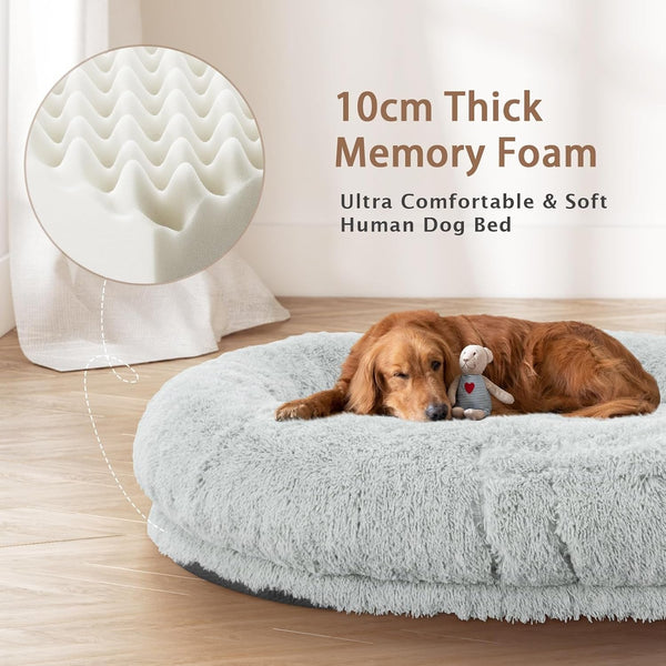 ROOMTEC Human Dog Bed, 71''X45''X12'' Size Fits Adult and Pet Washable Giant People Bed 10 CM Thick Memory Foam Large Oversize Pet Bed with Plump Pillow, Blanket, Strap - Grey2
