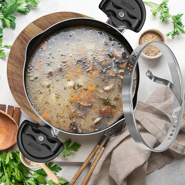 Pasta Pot with Strainer Lid - 5 Quart Multipurpose Stock Pot, Simmer Spaghetti Pot with Pasta Strainer Lid - Twist & Lock Handles, Nonstick Ceramic Stainless Steel Pot, Tempered Glass Lid Black9