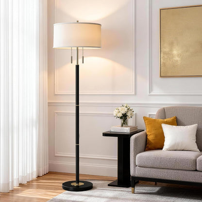 2-Light Mid Century Modern Floor Lamp, Standing Lamp with Fabric Shade and Pull Chain Switch, Tall Floor Lamp for Living Room, Bedroom,Office Corner (Black, 2X 3CCT Bulb Included)5