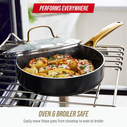 14 Piece Induction Nonstick Cookware Set, Diamond Infused Pfas-Free Ceramic Nonstick Pots & Pans, Durable Metal Utensil Safe, Dishwasher Safe, Oven & Broiler to 600F, Black/Gold8