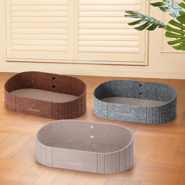 FUKUMARU Cat Scratcher, 24 Inch Sofa Shape Cat Scratching Bed Couch Indoor | Oval Felt Cat Scratcher Bed with Reversible Detachable Cat Scratching Boards, round Cats Scratch Pads Refill, Beige9