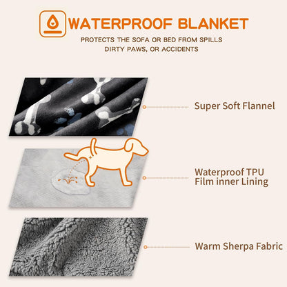 Washable Waterproof Dog Blankets for Large Dogs, 50"X60" Black | Soft Fluffy Pet Blanket for Couch Sofa Car Crate, Bed Furniture Protector, Reversible Sherpa Fleece Dog Blanket, Paw Pattern3