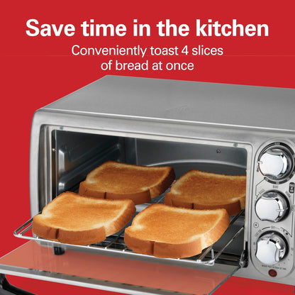 4 Slice Countertop Toaster Oven with 5 Cooking Modes | Bake, Broil, Toast, Keep Warm, Bagel | Stay on & Auto Shutoff | 2 Rack Positions | 200-450° F | Stainless Steel | 31143J2