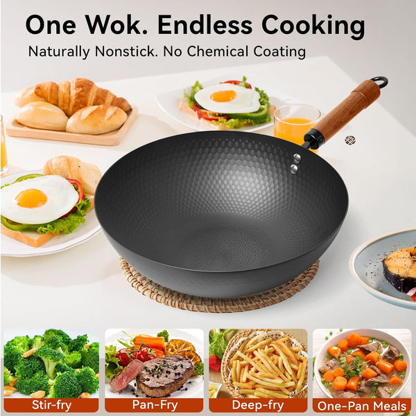 Carbon Steel Wok Pan with Lid, 12.6" Hammered Stir Fry Pan, Thickened Heavy Duty Flat Bottom Wok for Electric, Induction & Gas Stoves, Detachable Wood Handle, No Chemical Coating (Black)5