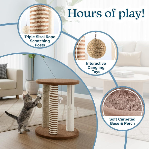 Cat Scratching Post - 3 Scratcher Posts with Carpeted Base Play Area and Perch - Furniture Scratching Deterrent for Indoor Cats by PETMAKER (Brown), Large2