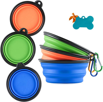 Collapsible Silicone Dog Bowls, 3-Pack Travel Pet Food Water Bowls | Orange, Green & Blue. 5.1 in Wide, 2.1 in Tall, Folds to 0.5 In. Holds 12 Oz Water or 1.5 Cups Food. Includes ID Tag.1