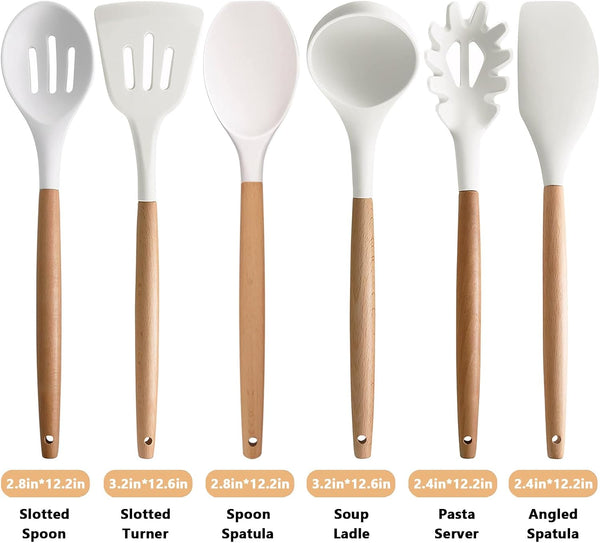 Kitchen Cooking Utensils Set 6Pcs Non-Stick Silicone Kitchen Utensils Spatula Spoon Turner Ladle Pasta Server, Heat Resistant Wooden Handle Silicone Cooking Gadgets Sets for Cookware & Baking3