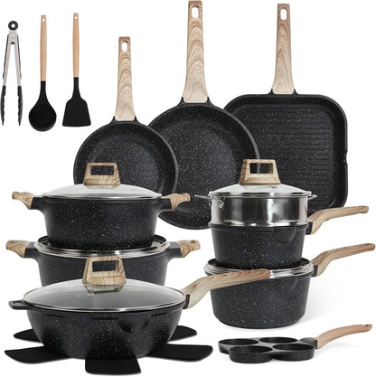 Pots and Pans Set, Nonstick Kitchen Cookware Sets，23Pcs Black Granite Induction Non-Toxic Healthy Kitchen Cooking Set W/Frying Pans, Saucepans, Griddle, Eggpan（Pfos, PFOA Free）1