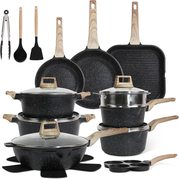 Pots and Pans Set, Nonstick Kitchen Cookware Sets，23Pcs Black Granite Induction Non-Toxic Healthy Kitchen Cooking Set W/Frying Pans, Saucepans, Griddle, Eggpan（Pfos, PFOA Free）1