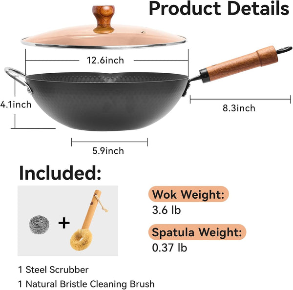 Carbon Steel Wok Pan, 12.6 Inch Flat Bottom Stir Fry Pan with Lid, Uncoated Heavy Duty Iron Wok for Induction and Gas Stoves2